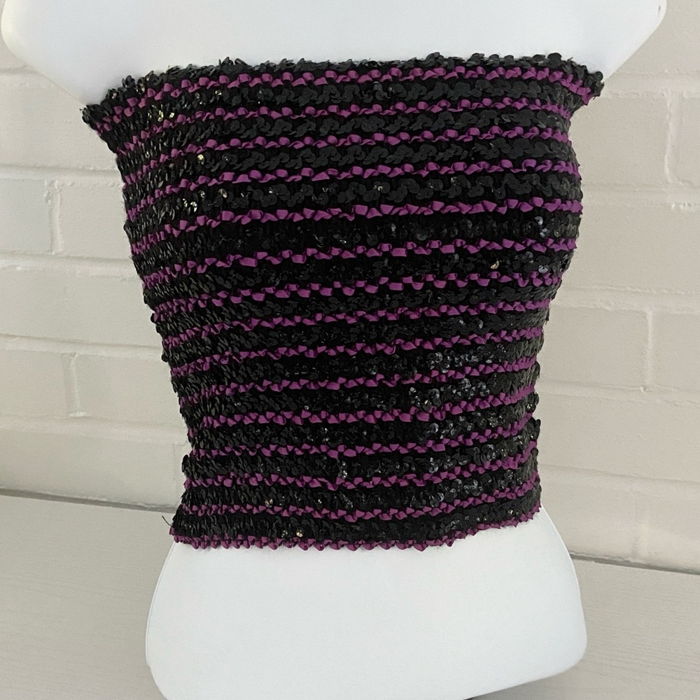 Classic Old Style Womens 1980 Black And Purple Sequin Elastic Tube Top